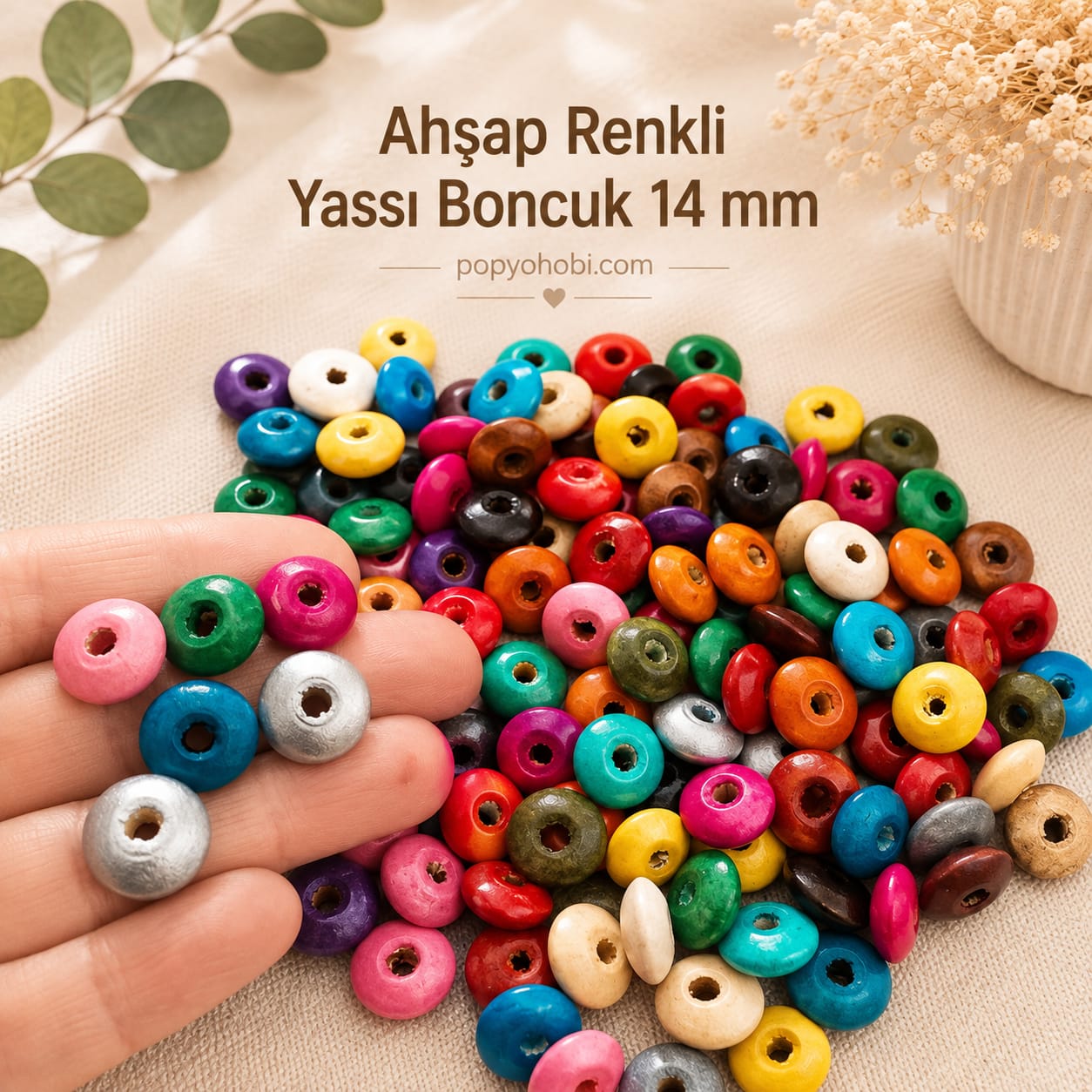 Ahşap Renkli Yassı Boncuk 14 mm (60 adet)