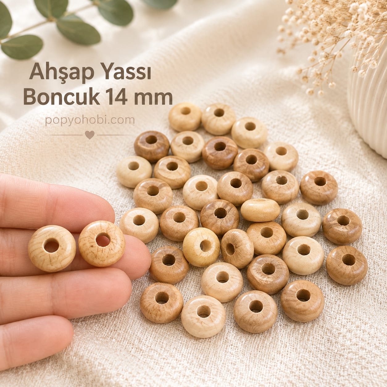 Ahşap Yassı Boncuk 14 mm (40 adet)