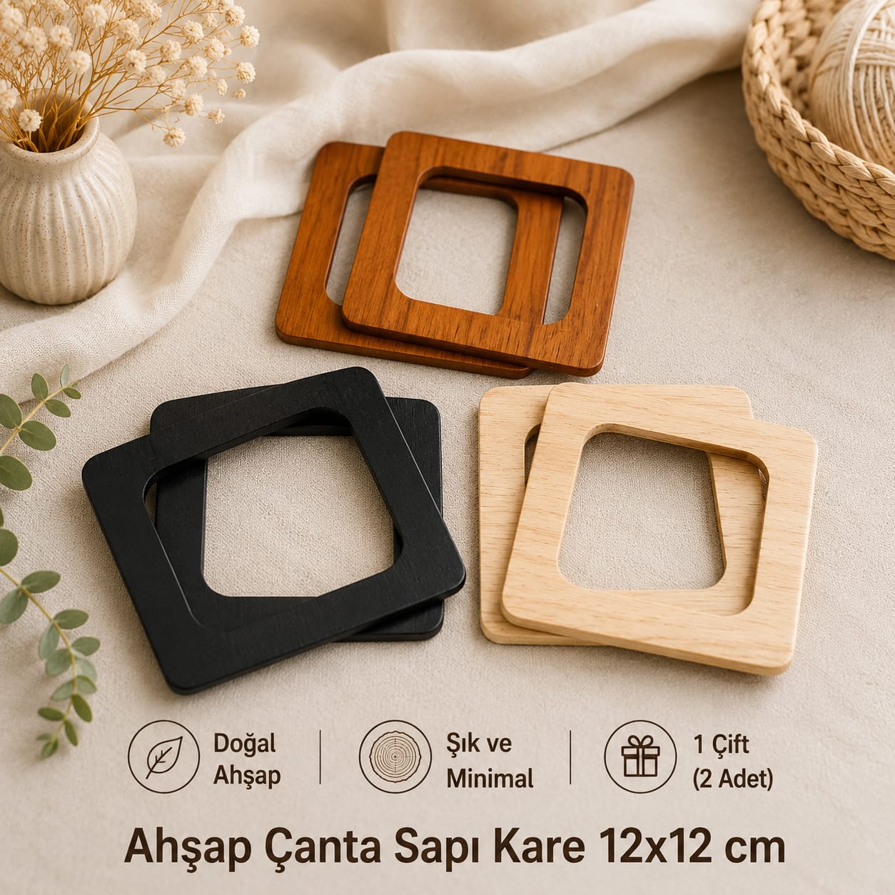 Ahşap Çanta Sapı Kare 12x12 cm 1 çift